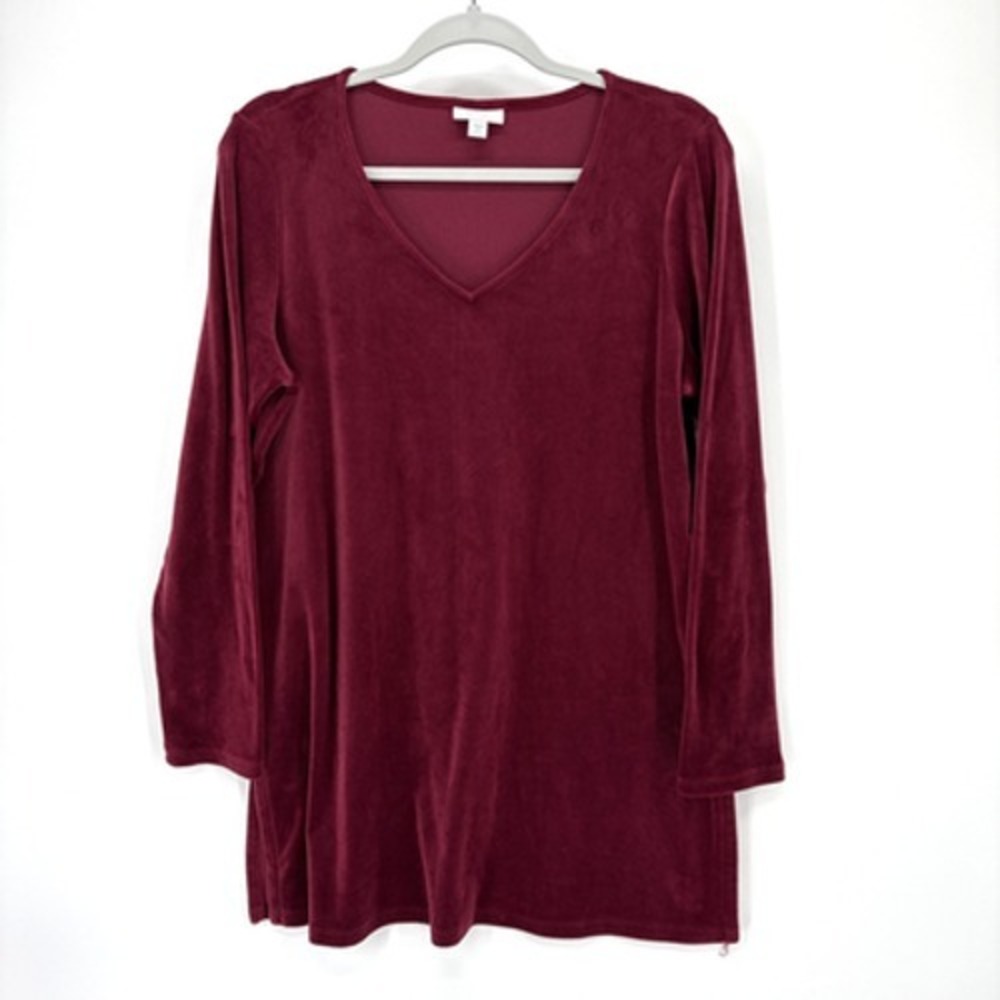 Pure Jill Velour Tunic Womens Medium Petite Burgundy V Neck Side Slits Shirt Top